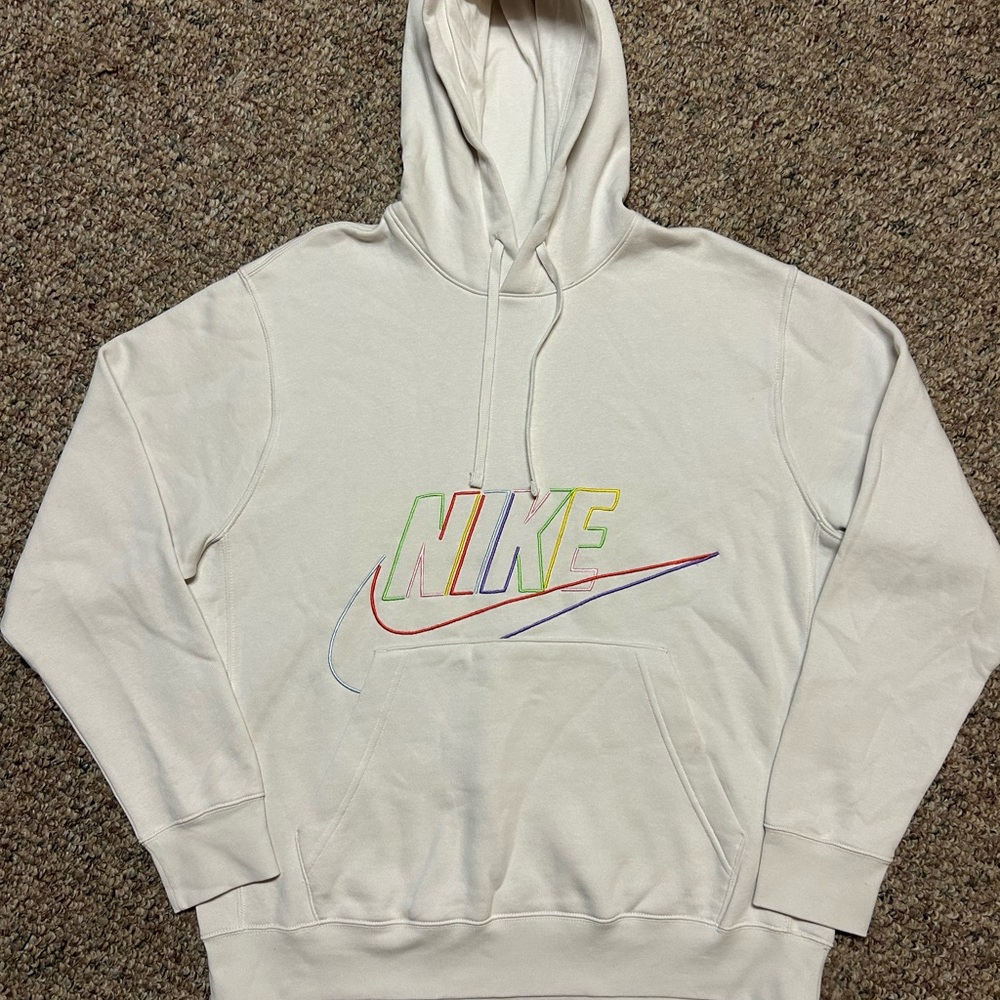 Nike Club Fleece Mens Pullover Hoodie White Multi-Color Embroidered Logo Size L
